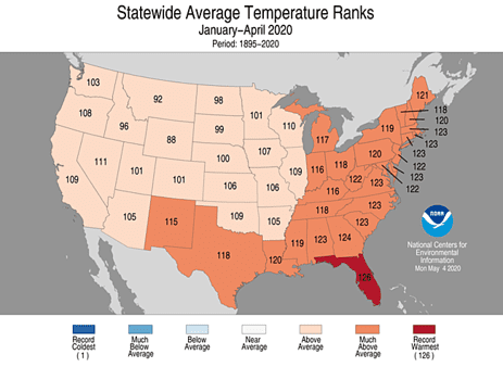 United States map showing Statewide Average Temperature, JAN-APR 2020