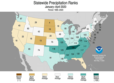 United States map showing Statewide Precipitation Ranks, JAN-APR 2020