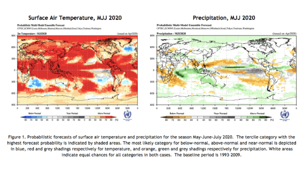2 charts: Left shows Surface Air Temperature; Right shows Precipitation - both for global 2020
