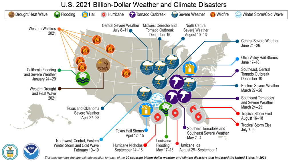 map of the U.S. showing locations of billion-dollar disasters in 2021