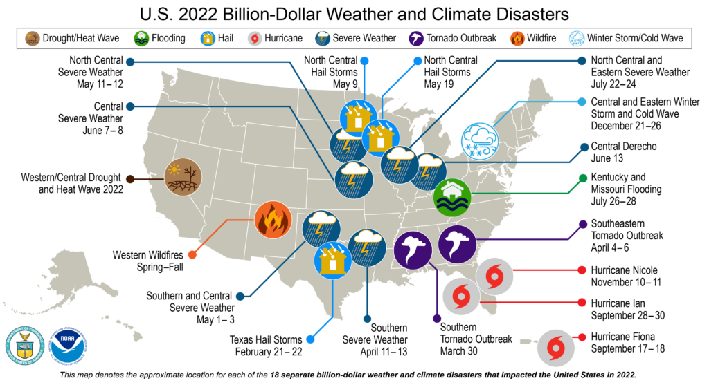 map of the U.S. showing locations of billion-dollar disasters in 2022