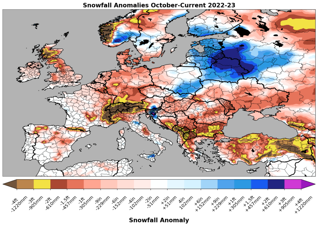 map showing low winter snowfalls across the planet