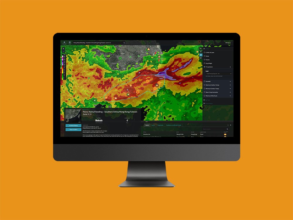 A screenshot Reveal's predictive weather analytics - showing how heavy rains/flooding might affect areas of Southern China/Hong Kong/Taiwan