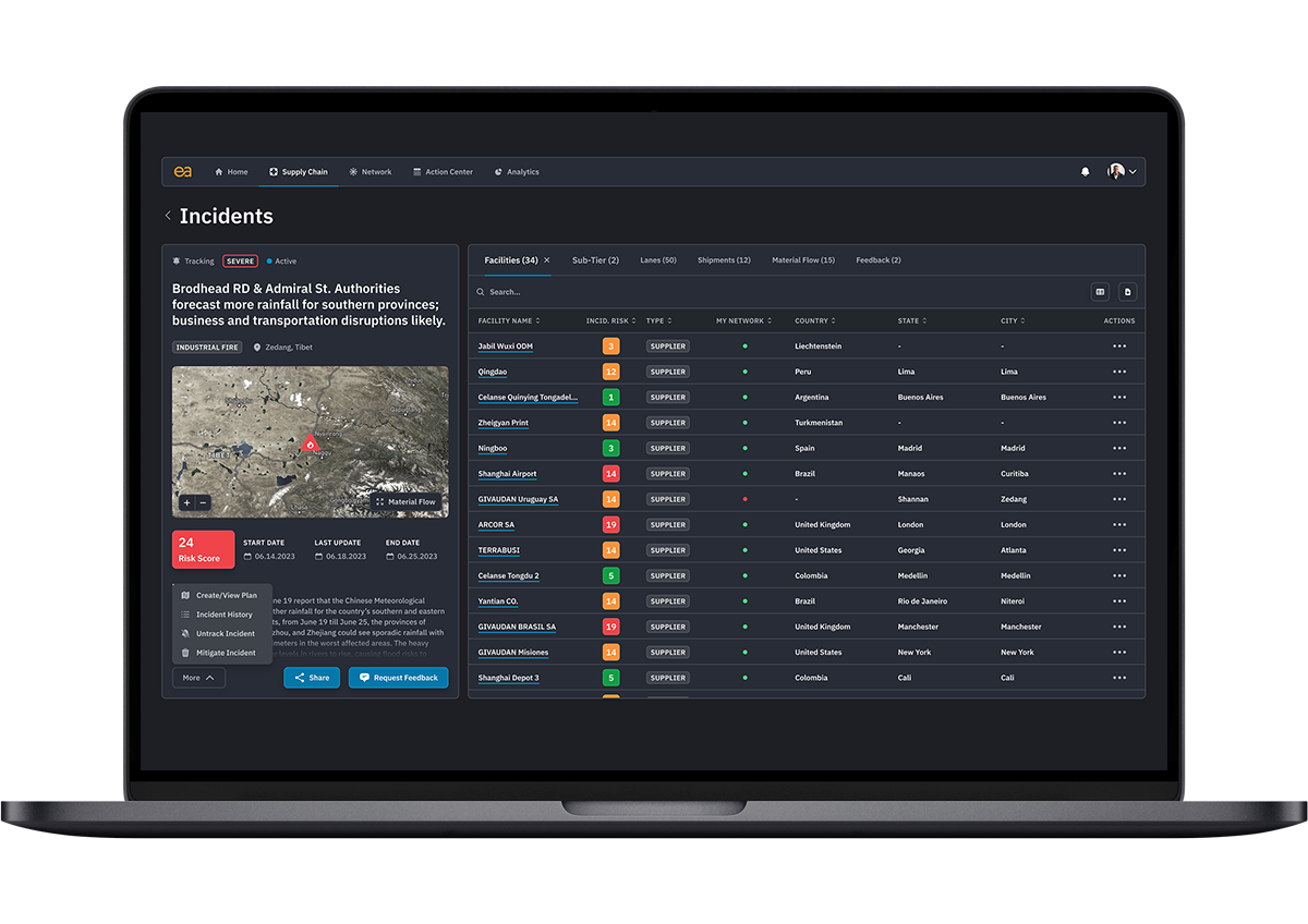 A screenshot of Reveal, Everstream's supply chain risk management software, showing how a strike may affect a supply chain network