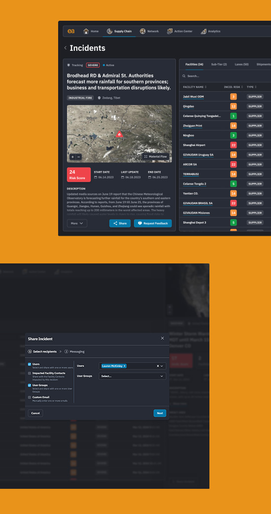 A screen shot of 2 Reveal dashboards on an orange background - the top is network view of supply chain network and risk scores, while the bottom is external risk analysis (the scoring) across risk categories.
