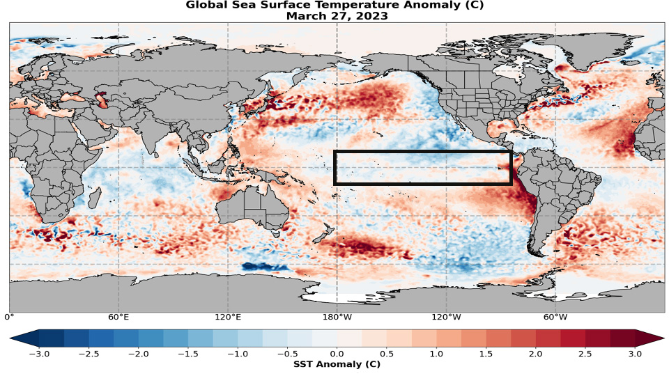 chart showing warmer than average global sea surface temperatures