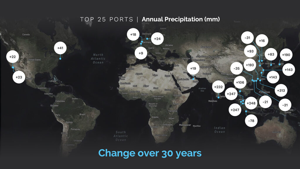map shows predicted change in annual precipitation in millimeters at world ports over the next 30 years