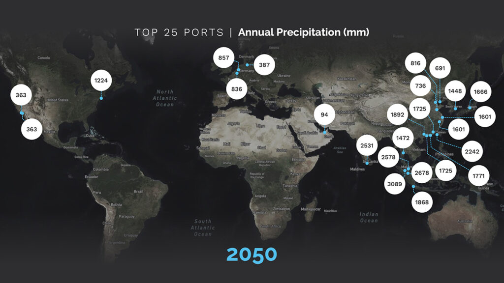 map shows predicted annual precipitation in millimeters at world ports in 2050