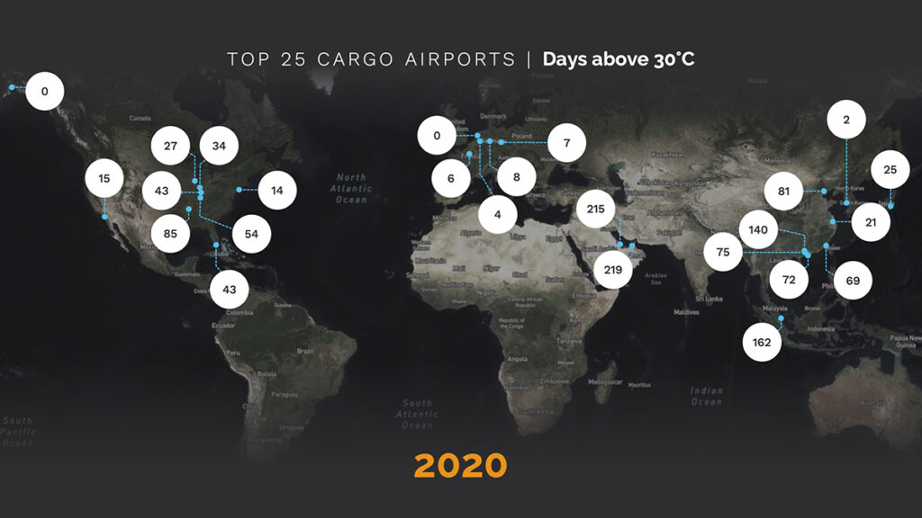 map showing airports with days above 30 degrees Celsius 