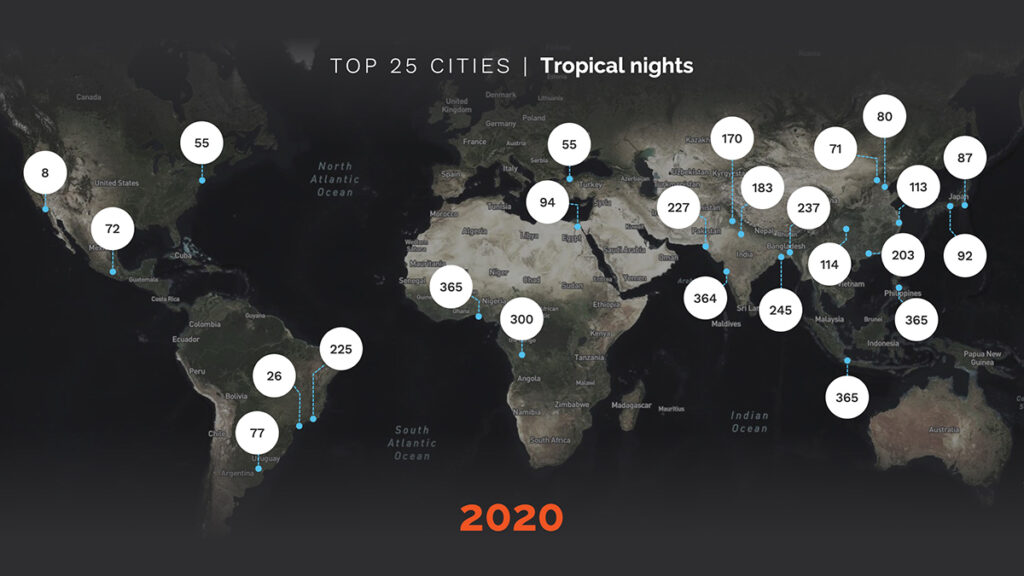 map shows cities with high-heat days