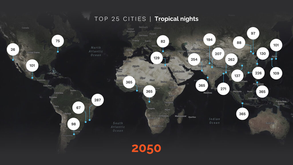 map shows the world’s top 25 cities and number of nights above 30 degrees Celsius by 2050