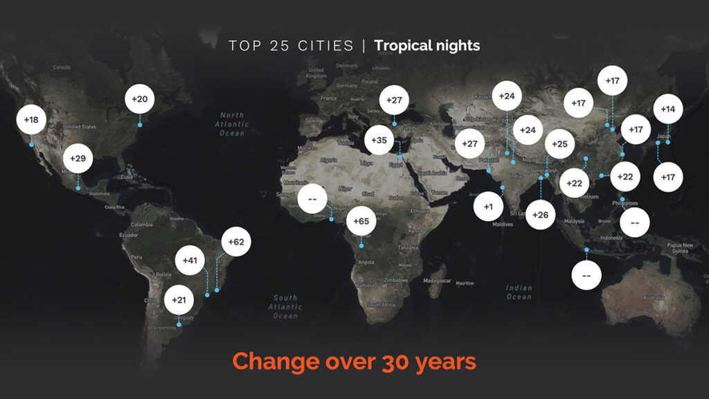 map shows cities with number of nights above 30 degrees Celsius by 2050
