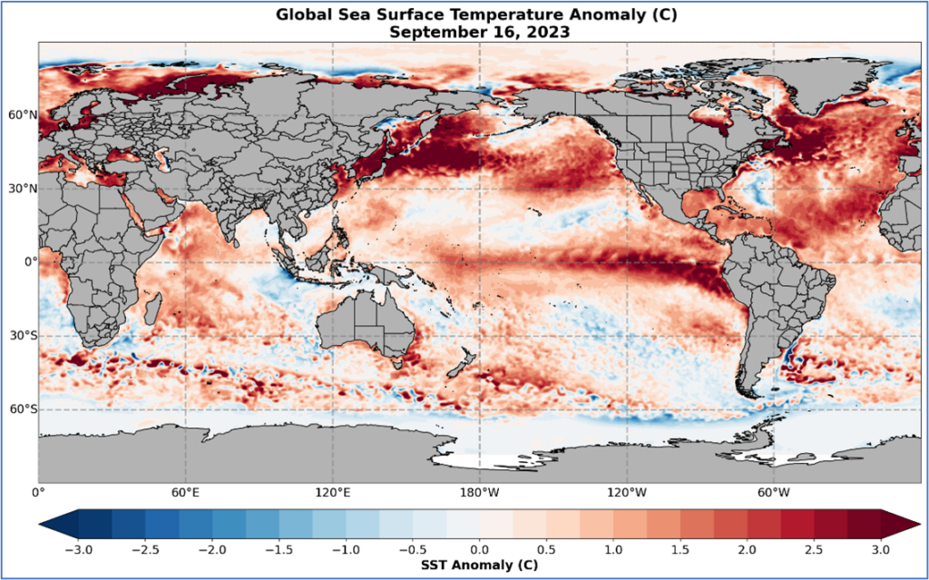 map of sea surface temperatures showing higher temperatures over the past 10 years