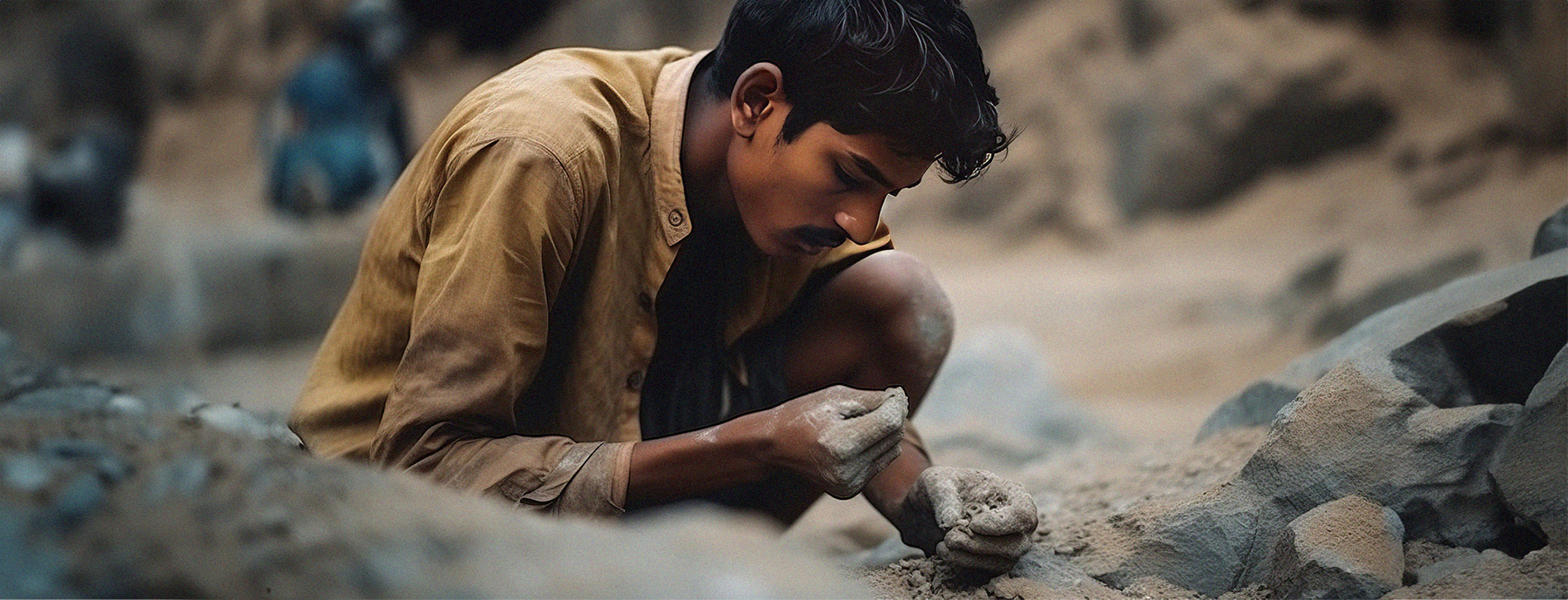 Young male mining by hand in poor working conditions