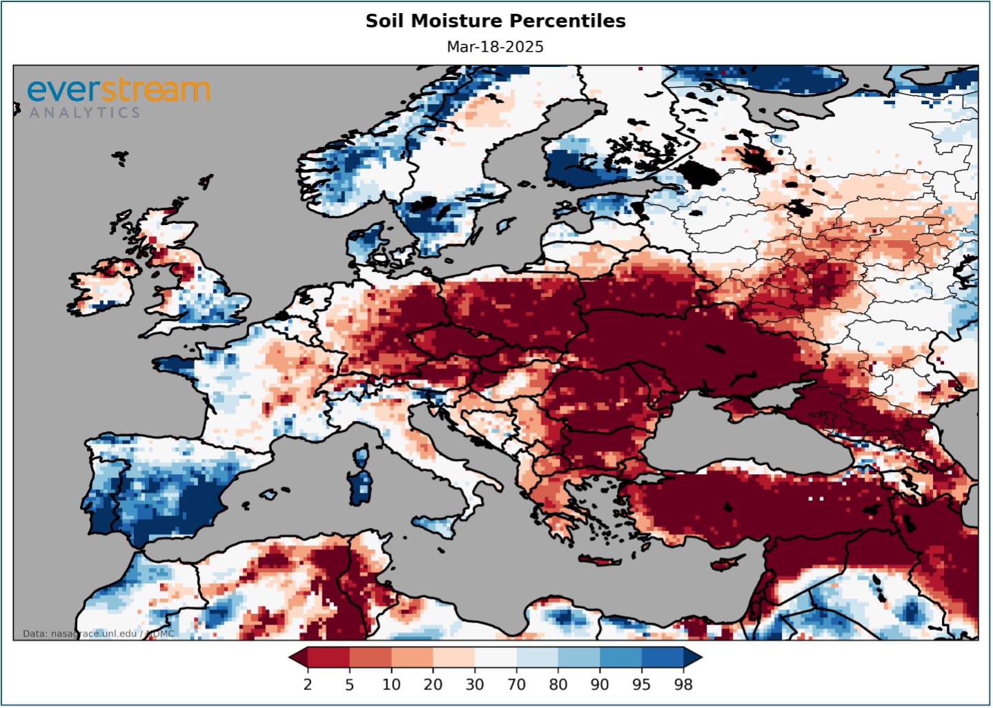 map view soil moisture percentiles in drought hotspot Europe