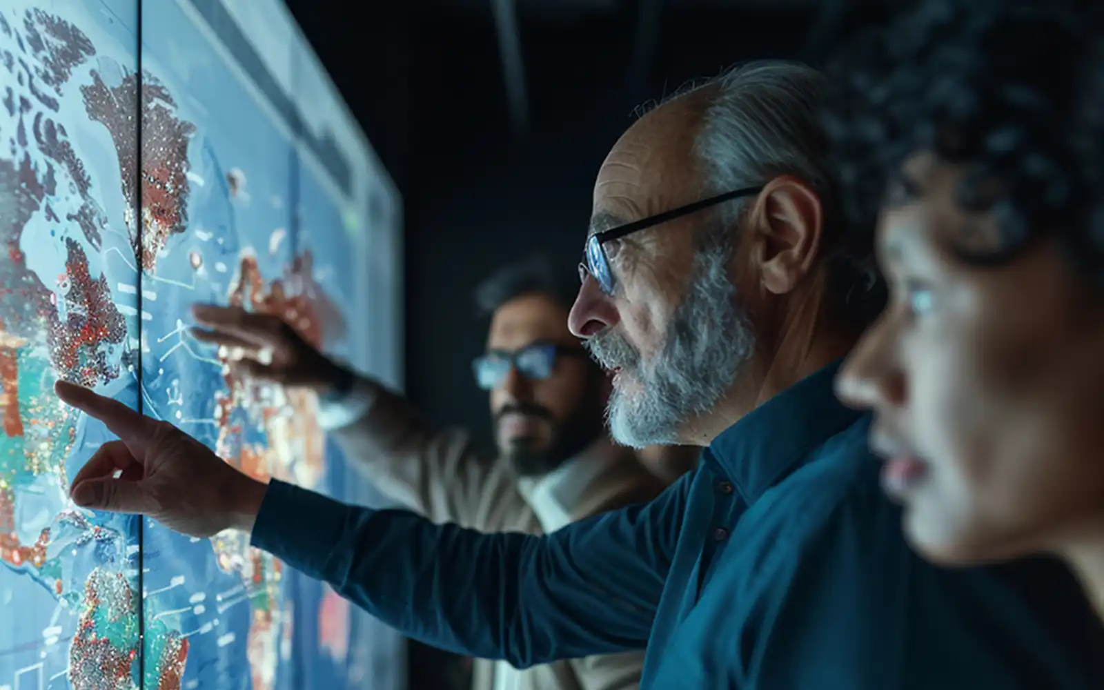 View of team of people looking at map
