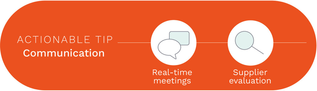 Orange banner with tip on communication, showing real-time meetings and supplier evaluation icons. 