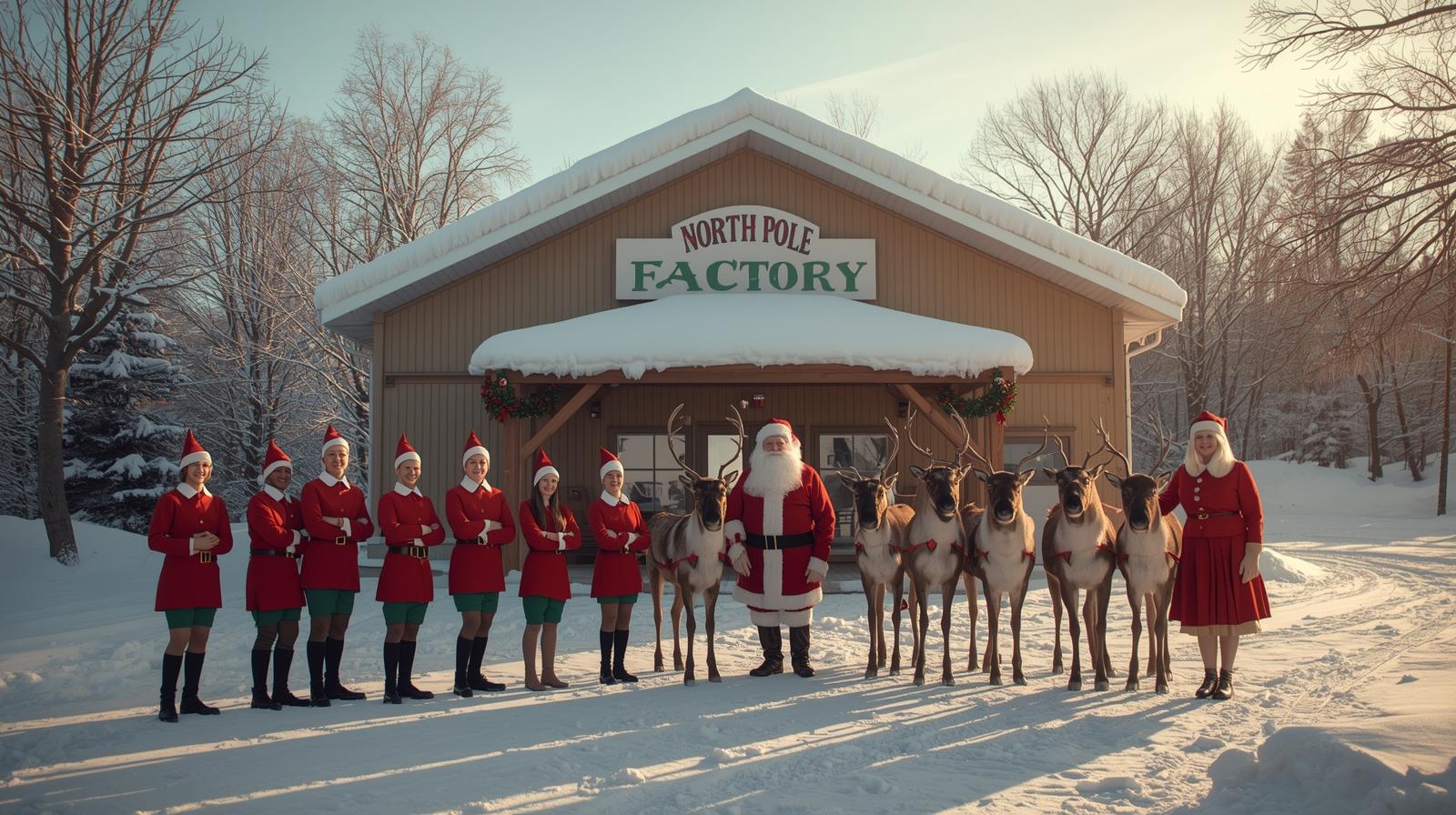 A factory called North Pole Toys with Santa, Mrs. Claus and the team