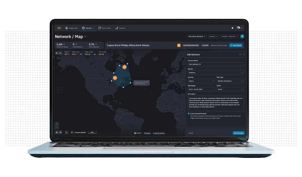 laptop showing geographical area of an hypothetical tropical storm
