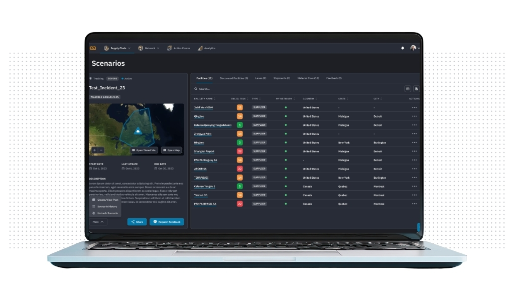 laptop with screenshot of facilities impacted by a hypothetical storm in Scenario Builder