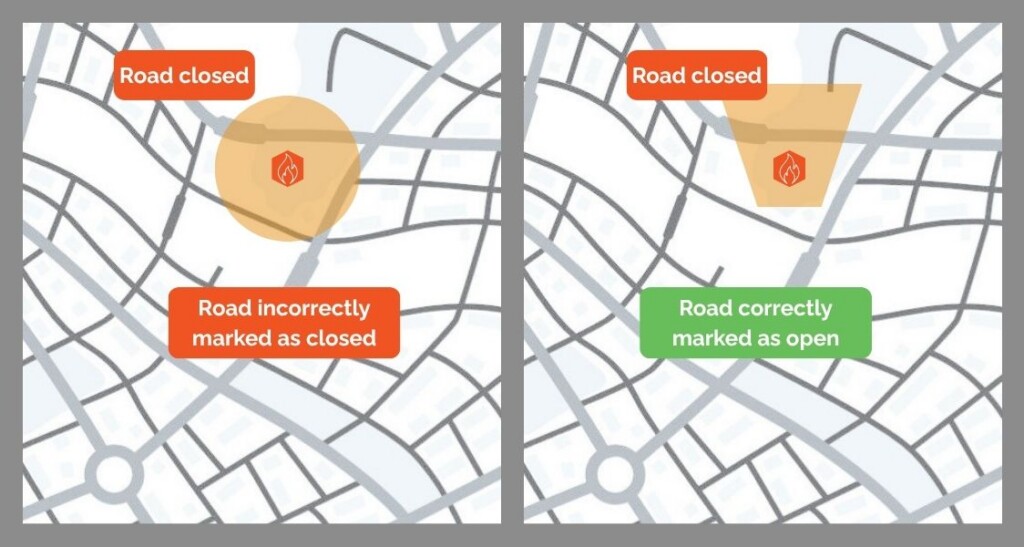 Graphic showing the difference between using a radius or custom polygon to understand the geographic impact of an event